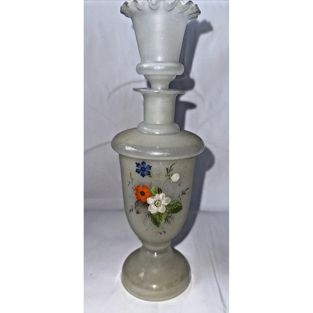 Antique Bristol Glass Decanter Hand Painted Floral White Glass with Stopper